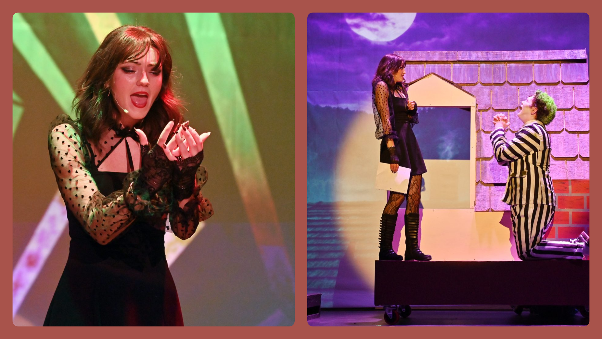 High school Beetlejuice Jr musical rehearsal cast performing dramatic scene on stage